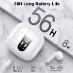 White wireless earbuds with charging case on a marble surface, displaying battery life information.