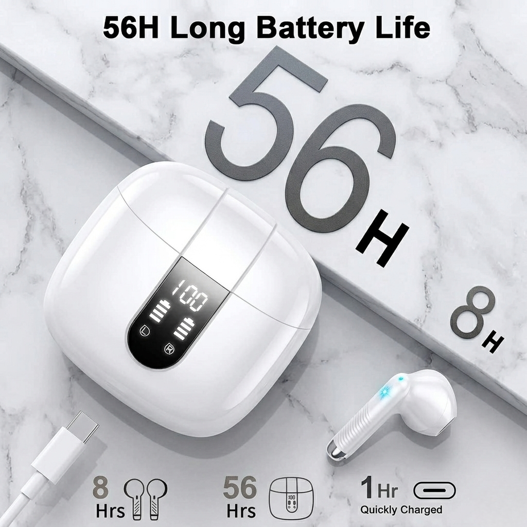 White wireless earbuds with charging case on a marble surface, displaying battery life information.
