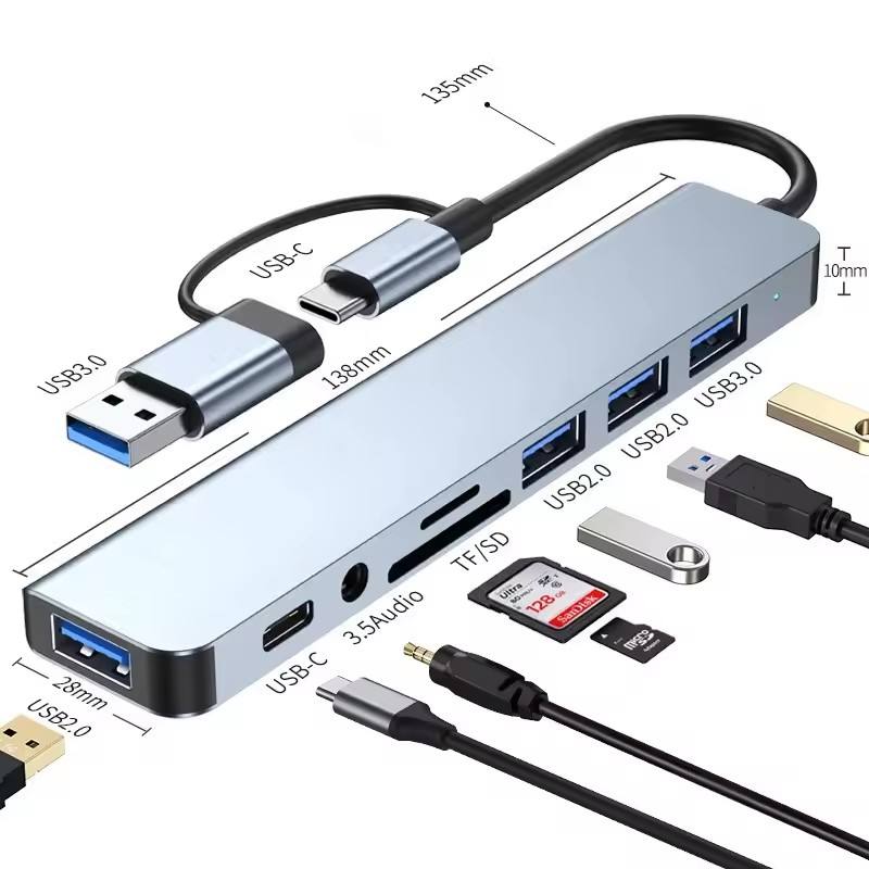 8 in 1 USB C Hub Adapter 4K HDMI RJ45 SD TF Card Reader PD Fast Charge Laptop