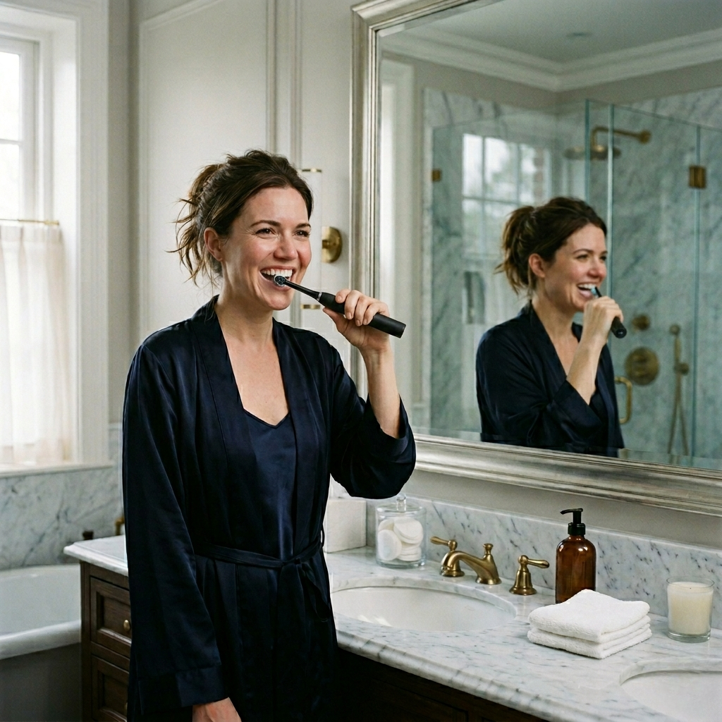 Woman brushing her teeth in a bathroom with a mirror and sink.