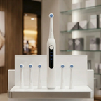 Electric toothbrush with multiple brush heads on a display stand in a store setting