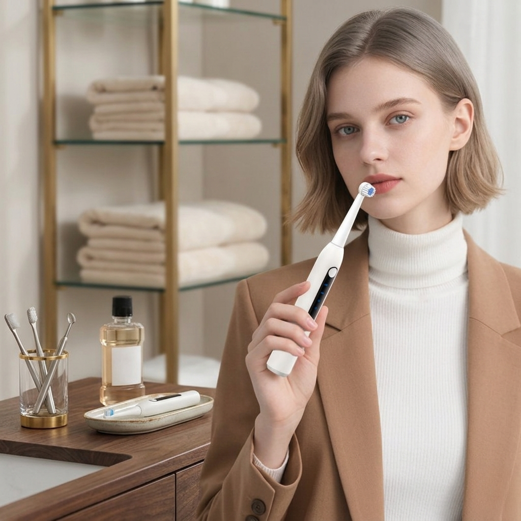 A professionally styled lifestyle photograph of a woman in a modern, upscale bathroom setting holding a sleek white electric toothbrush. She is wearing a neutral-toned blazer and turtleneck, positioned next to a wooden vanity with high-end dental accessories and organized towels in the background. The image features realistic lighting and a clean, minimalist aesthetic suitable for a premium oral care brand.
