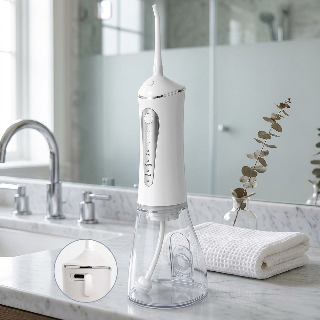 White dental water flosser on a bathroom counter with a mirror and sink in the background.