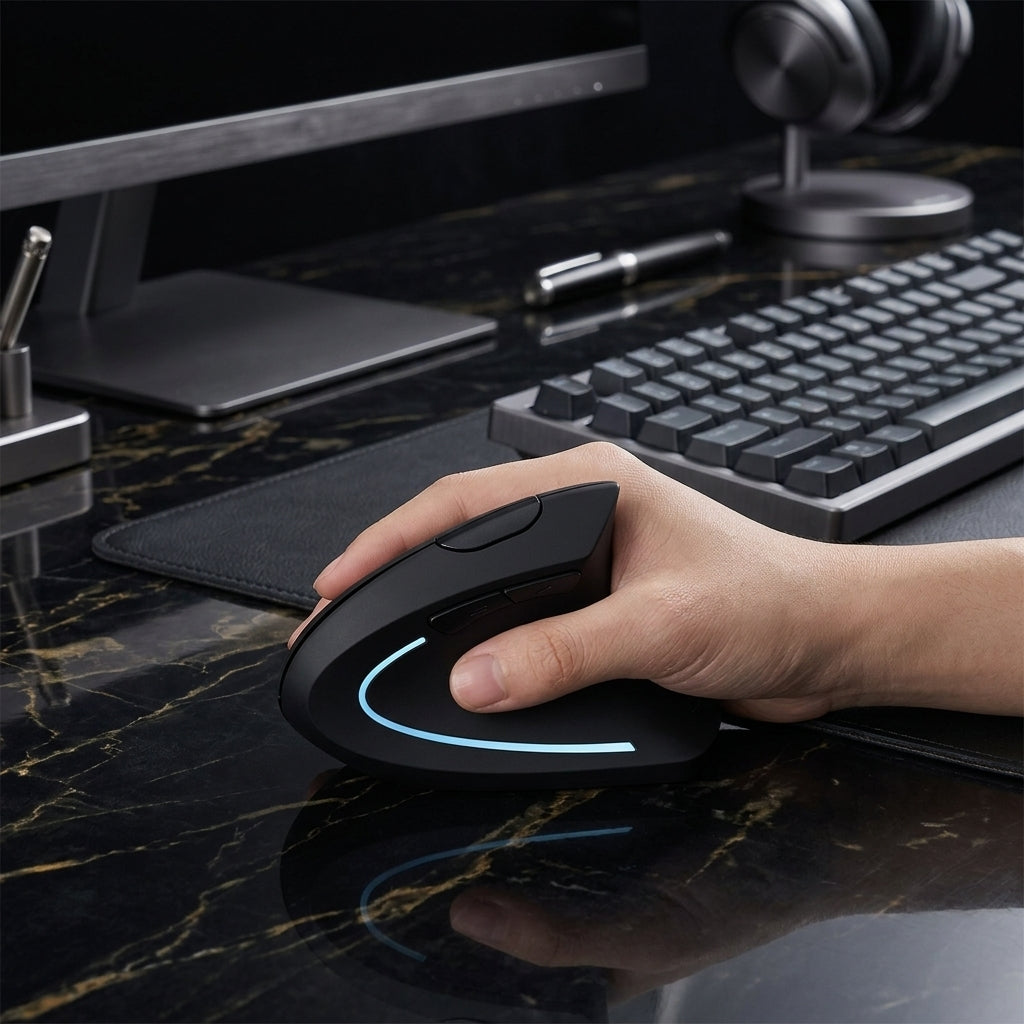 A hand holding a black ergonomic gaming mouse with a glowing blue accent ring, placed on a dark marble desk next to a keyboard and monitor.