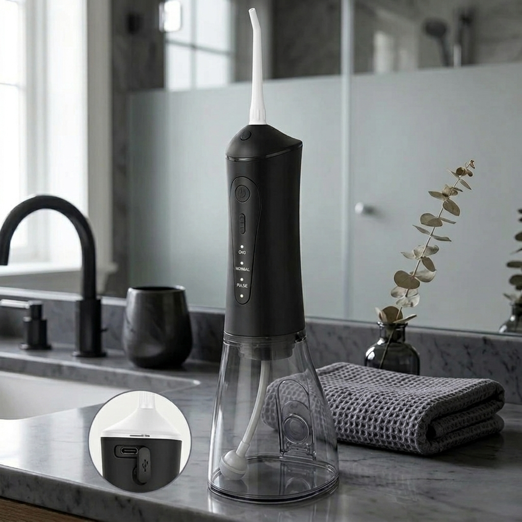 Black dental water flosser on a bathroom counter with a sink and mirror in the background.