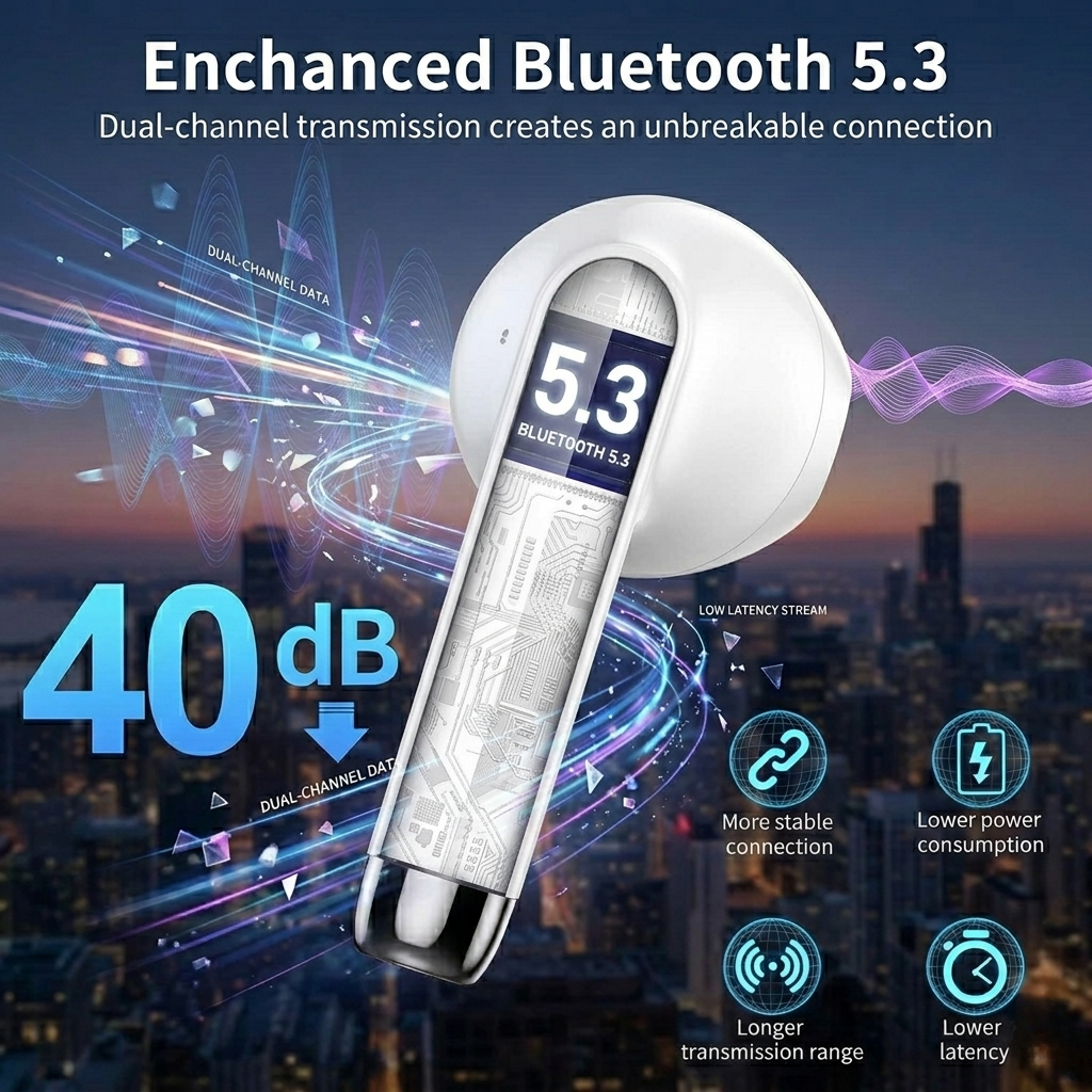 White Bluetooth earbuds with digital display against a cityscape background, highlighting Bluetooth 5.3 features.