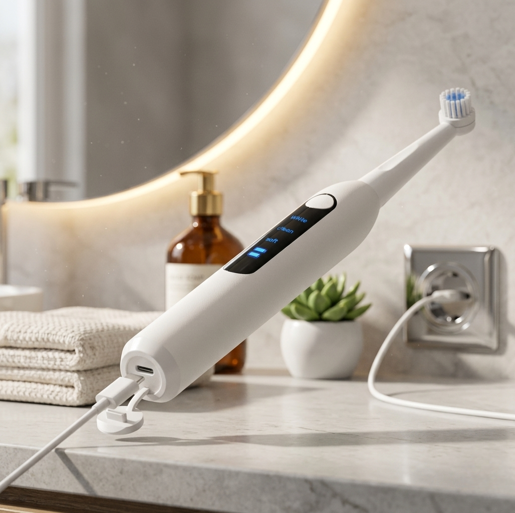 White electric toothbrush with charging cable on a bathroom counter