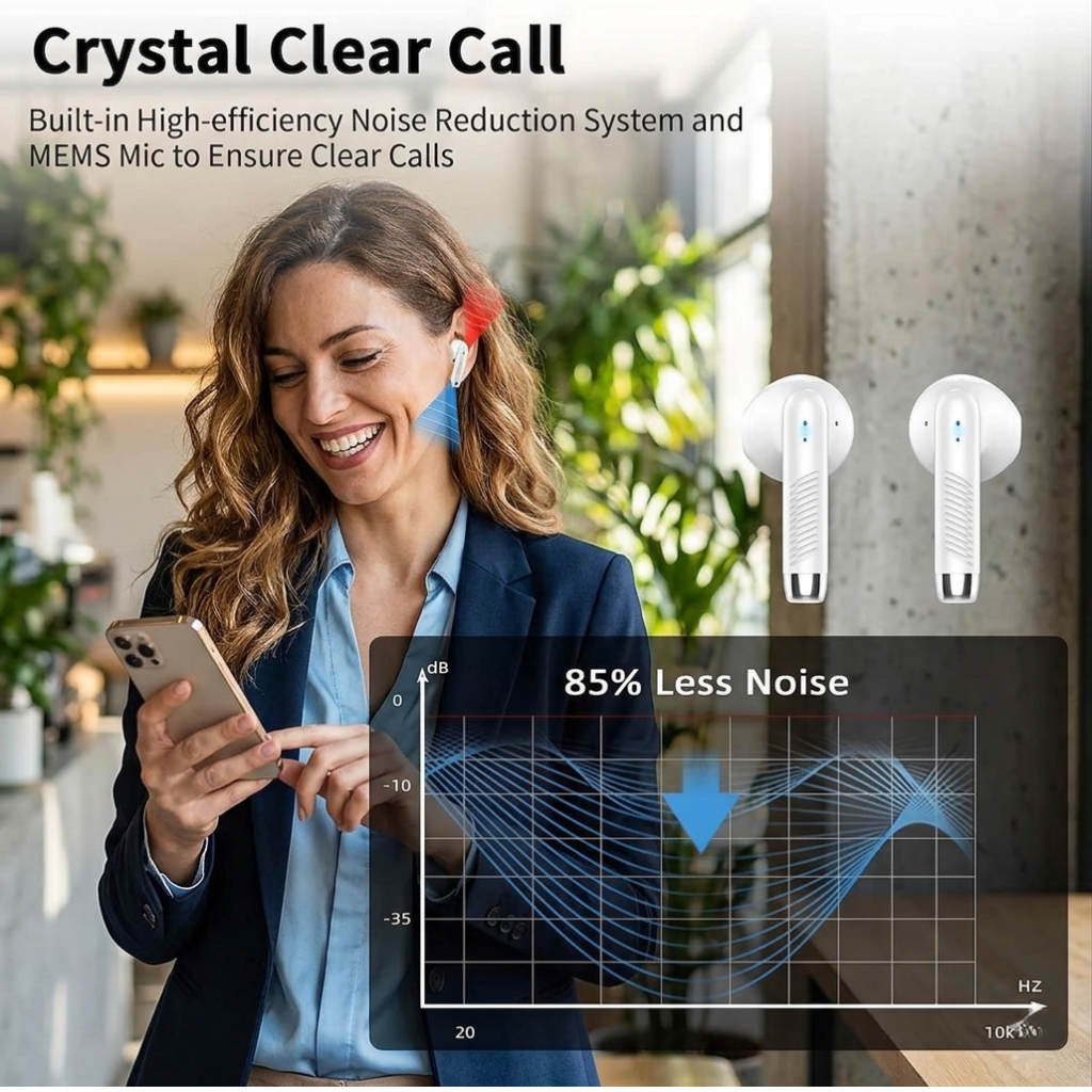 Woman using a smartphone with earbuds, showing noise reduction feature, in an indoor setting.