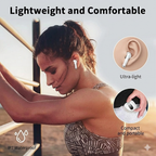 Woman exercising outdoors with wireless earbuds, highlighting features like ultra-light, compact, portable, and IP7 waterproof.