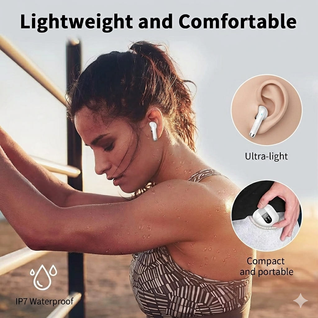 Woman exercising outdoors with wireless earbuds, highlighting features like ultra-light, compact, portable, and IP7 waterproof.