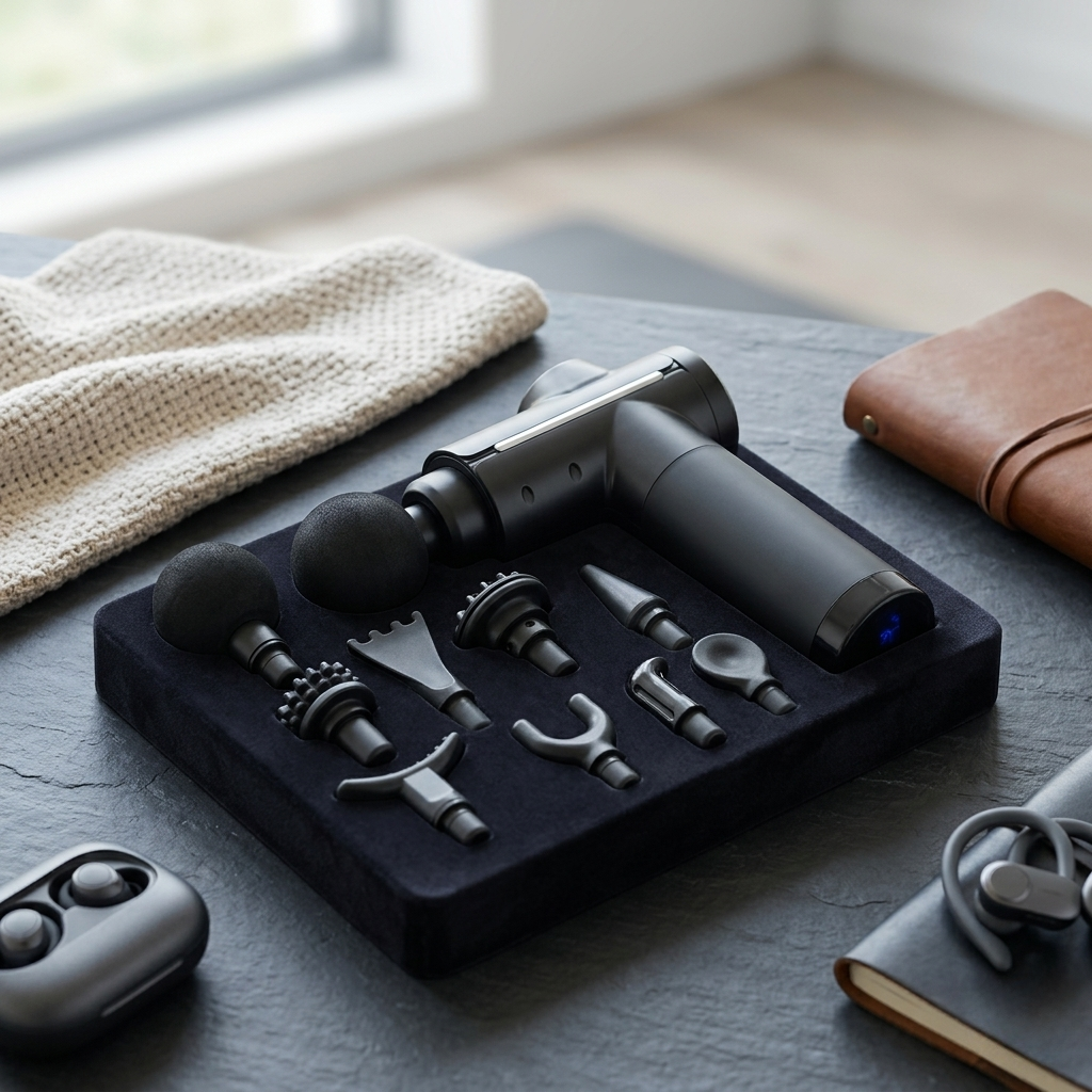 Massage gun with attachments on a black tray on a wooden surface.