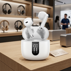 Front view of open white true wireless earbuds case showing the LED power percentage display and battery levels, with left and right earbuds floating above, displayed in a professional, upscale audio technology store with a blurred shelf background.