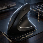 A black ergonomic wireless computer mouse shown on a desk mat with overlaid dimension arrows and text indicating 12.5cm width, 6.