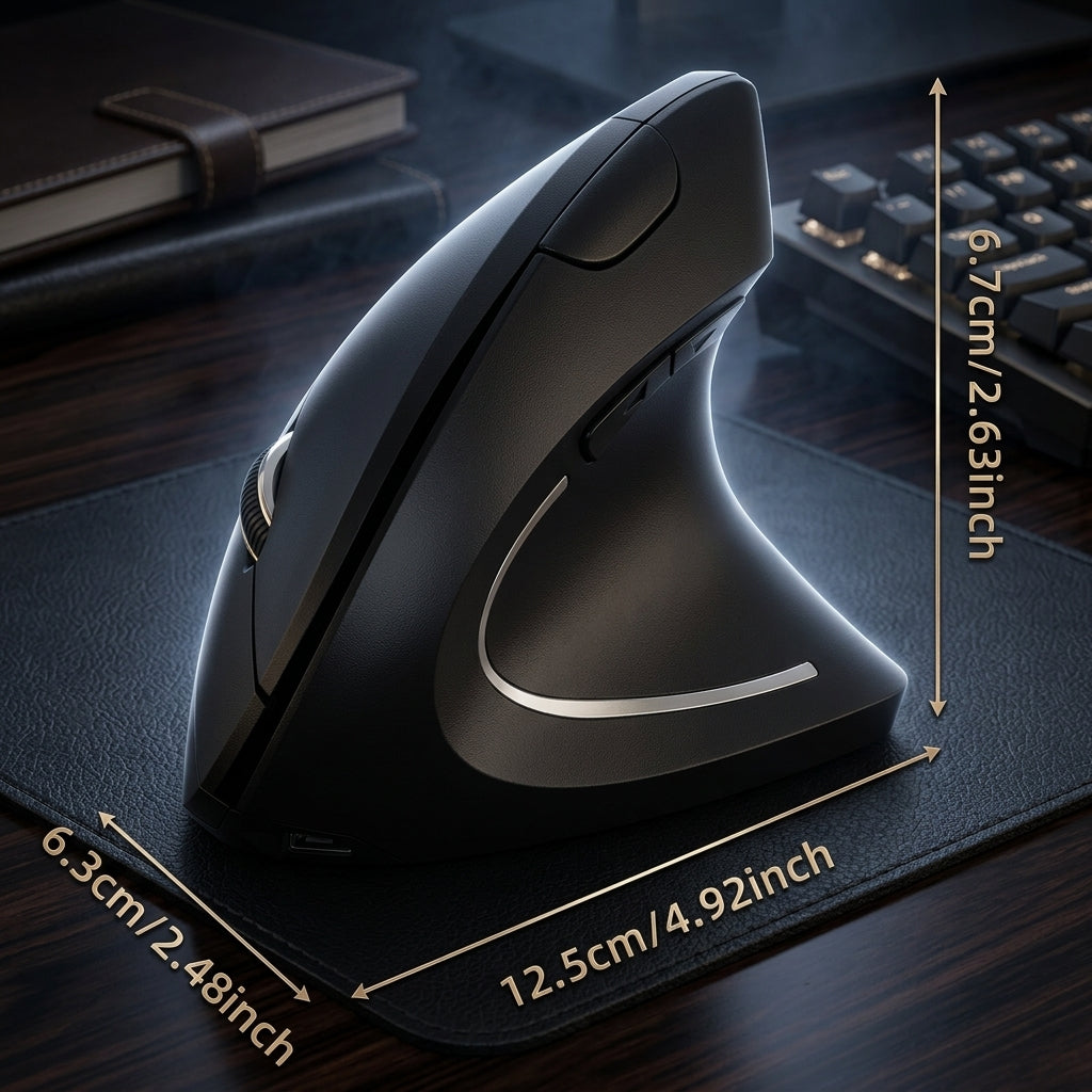 A black ergonomic wireless computer mouse shown on a desk mat with overlaid dimension arrows and text indicating 12.5cm width, 6.