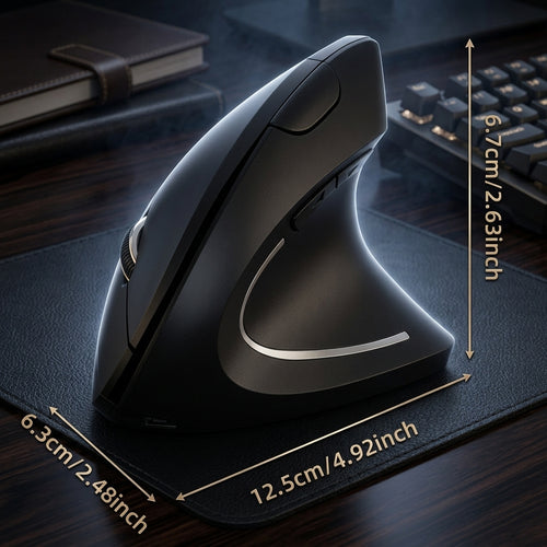 A black ergonomic wireless computer mouse shown on a desk mat with overlaid dimension arrows and text indicating 12.5cm width, 6.
