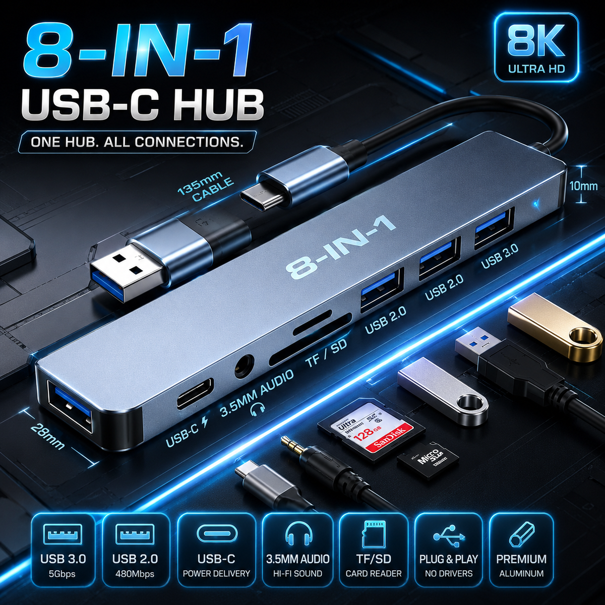 8 in 1 Multiport USB-C Hub Type C To USB 3.0 4K HDMI Adapter For Macbook Pro/Air