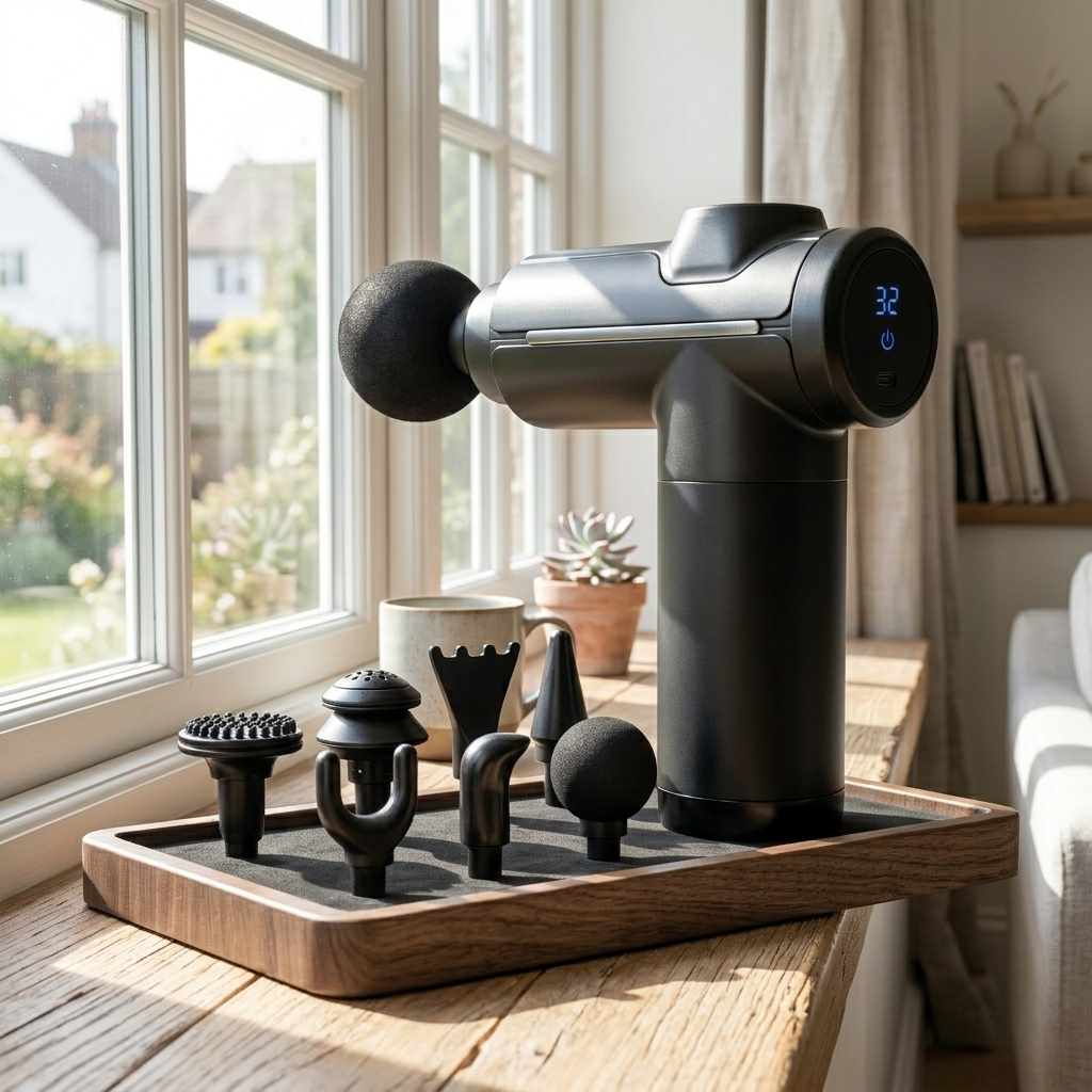 Massage gun with attachments on a wooden tray in a bright room with large windows.