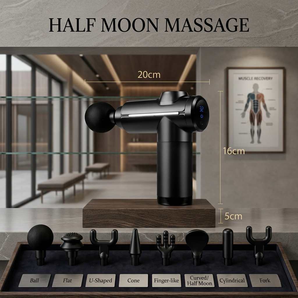 Black half moon massage tool with measurements and attachments on a wooden stand in a modern room setting.