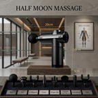 Black half moon massage tool with measurements and attachments on a wooden stand in a modern room setting.