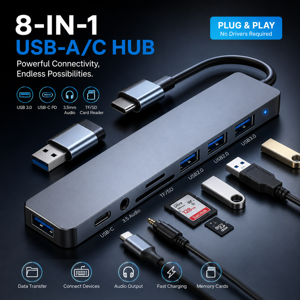 8 in 1 Multiport USB-C Hub Type C To USB 3.0 4K HDMI Adapter For Macbook Pro/Air