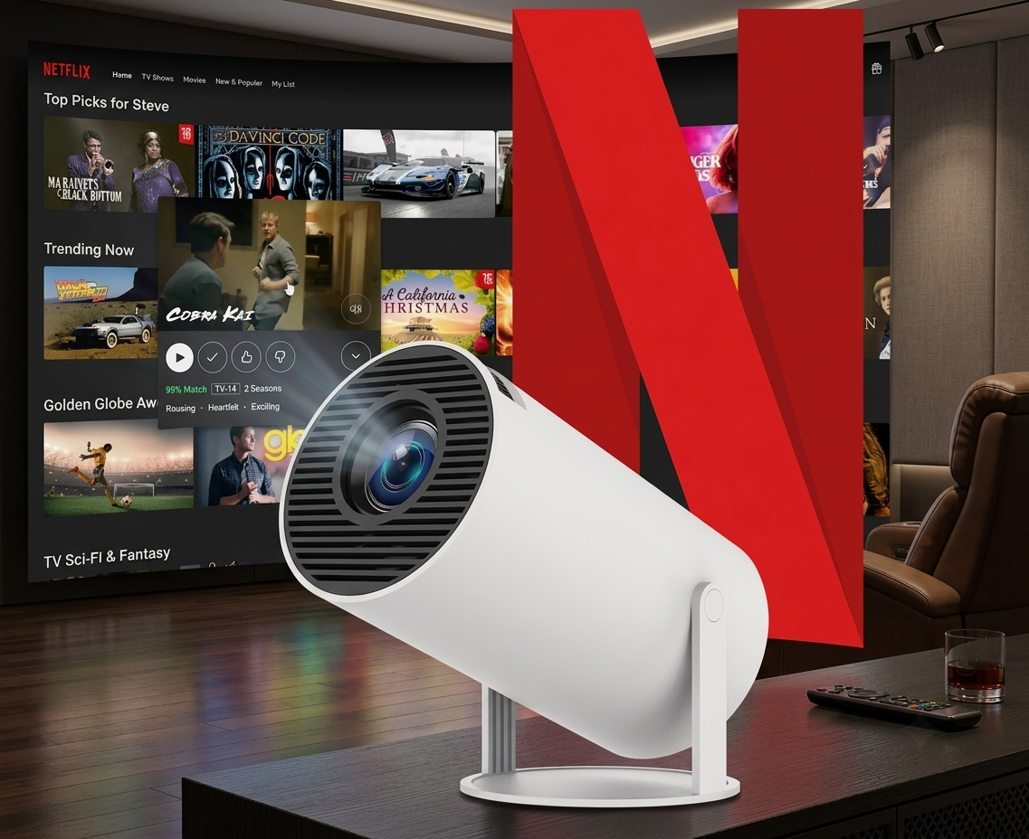A white cylindrical smart TV streaming projector placed on a dark wooden table in a modern living room, with a large red Netflix logo in the background and a TV screen showing Netflix content.