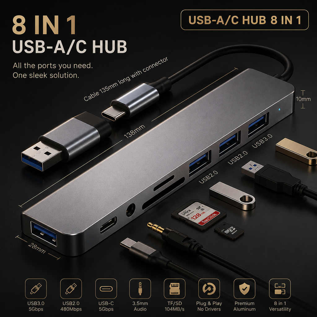 8 in 1 Multiport USB-C Hub Type C To USB 3.0 4K HDMI Adapter For Macbook Pro/Air
