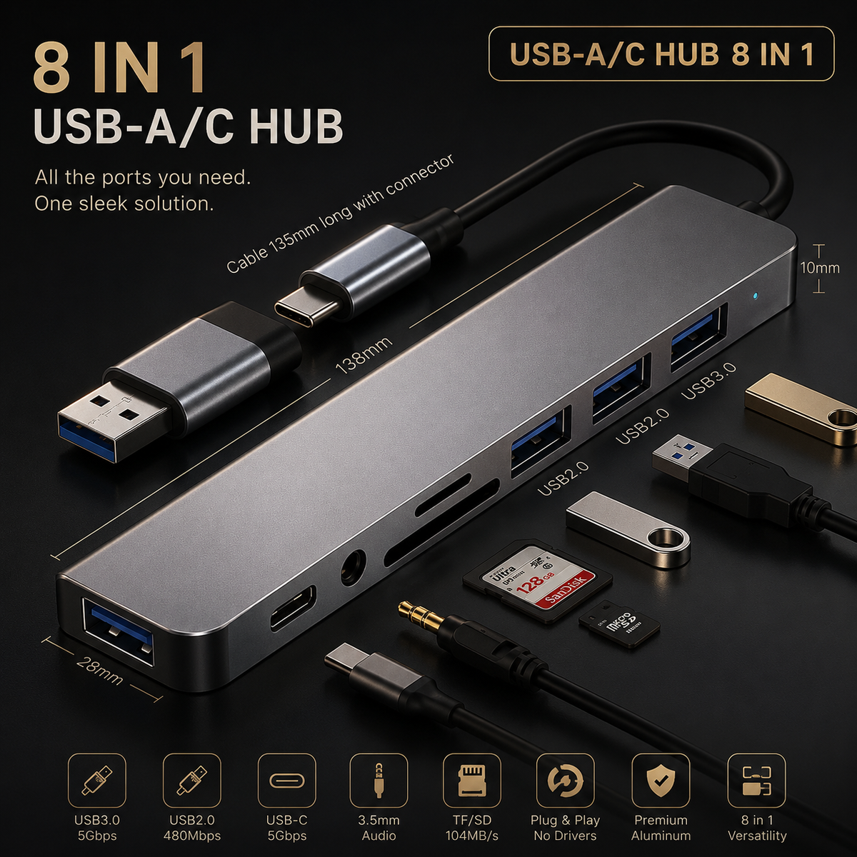 8 in 1 Multiport USB-C Hub Type C To USB 3.0 4K HDMI Adapter For Macbook Pro/Air