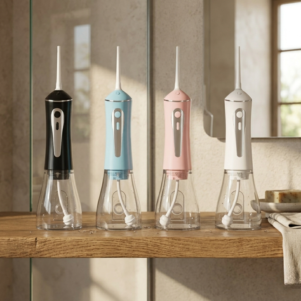 Four dental water flossers in black, blue, pink, and white on a wooden surface with a mirror in the background.