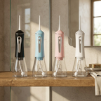 Four dental water flossers in black, blue, pink, and white on a wooden surface with a mirror in the background.