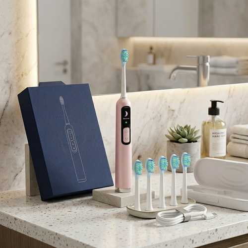 Pink electric toothbrush with multiple brush heads on a bathroom counter.