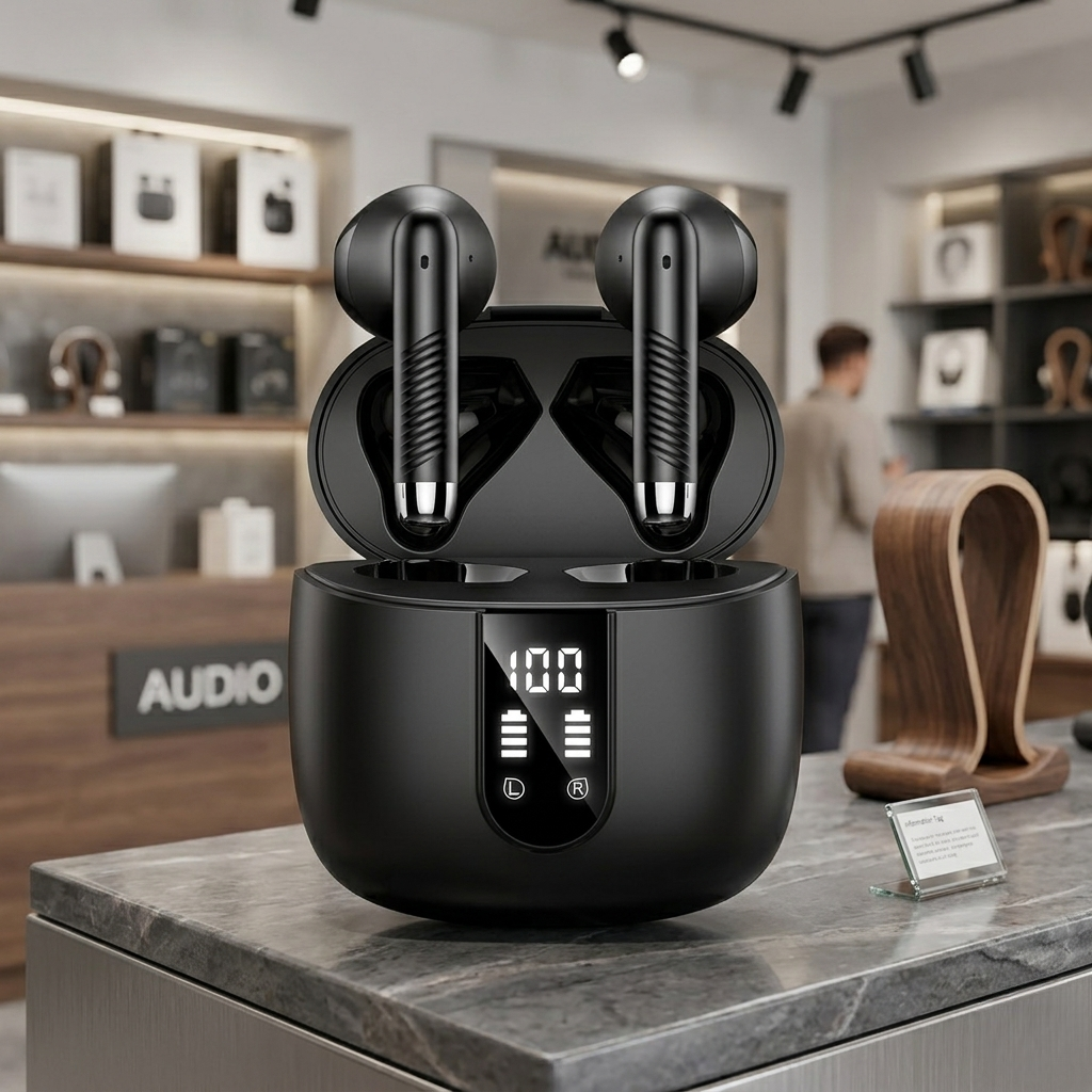 A detailed close-up shot of open matte black true wireless earbuds in their matching charging case. The earbuds feature silver tips and precision-textured stems, and the case displays a white LED battery level of "100" with L/R battery bars. They are displayed on a natural marble surface next to a smooth walnut block in a professional, well-lit retail environment.