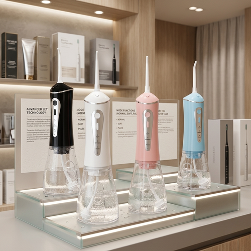 Four dental water flossers on display with product information signs in the background.