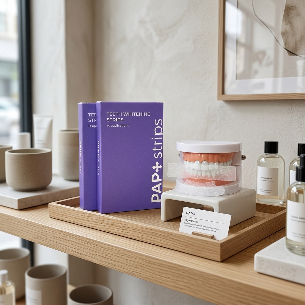 A detailed close-up shot of the premium PAP+ teeth whitening strip kit, featuring the purple box and a clear instruction strip on a dental model, displayed in a clean, professional modern dental office setting with soft, natural lighting.