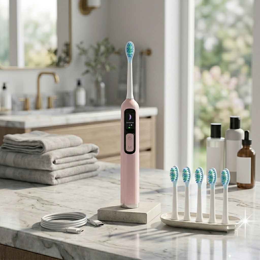Pink electric toothbrush with multiple brush heads on a marble countertop in a bathroom setting.