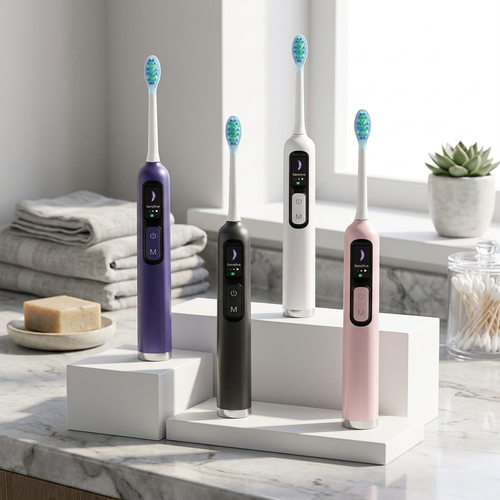 Four electric toothbrushes in different colors on a bathroom counter.