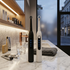 A pair of sleek, professional matte black and white electric toothbrushes standing on a luxury marble bathroom vanity with soft ambient lighting.