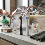 A pair of premium black and white electric toothbrush replacement heads standing upright on a modern stone bathroom vanity, featuring elegant metallic accents and soft cinematic lighting.