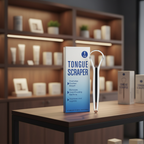 A stainless steel tongue scraper standing next to its blue and white packaging box on a wooden retail display table, with modern boutique shelving in the background.