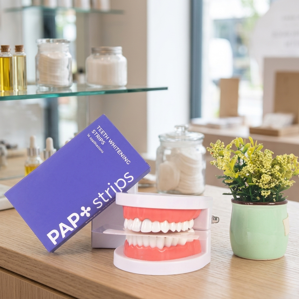 A single box of PAP+ teeth whitening strips displayed next to a dental model and an aloe vera plant on a light wood surface, set against a softly blurred wellness shop background.