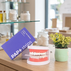 A single box of PAP+ teeth whitening strips displayed next to a dental model and an aloe vera plant on a light wood surface, set against a softly blurred wellness shop background.
