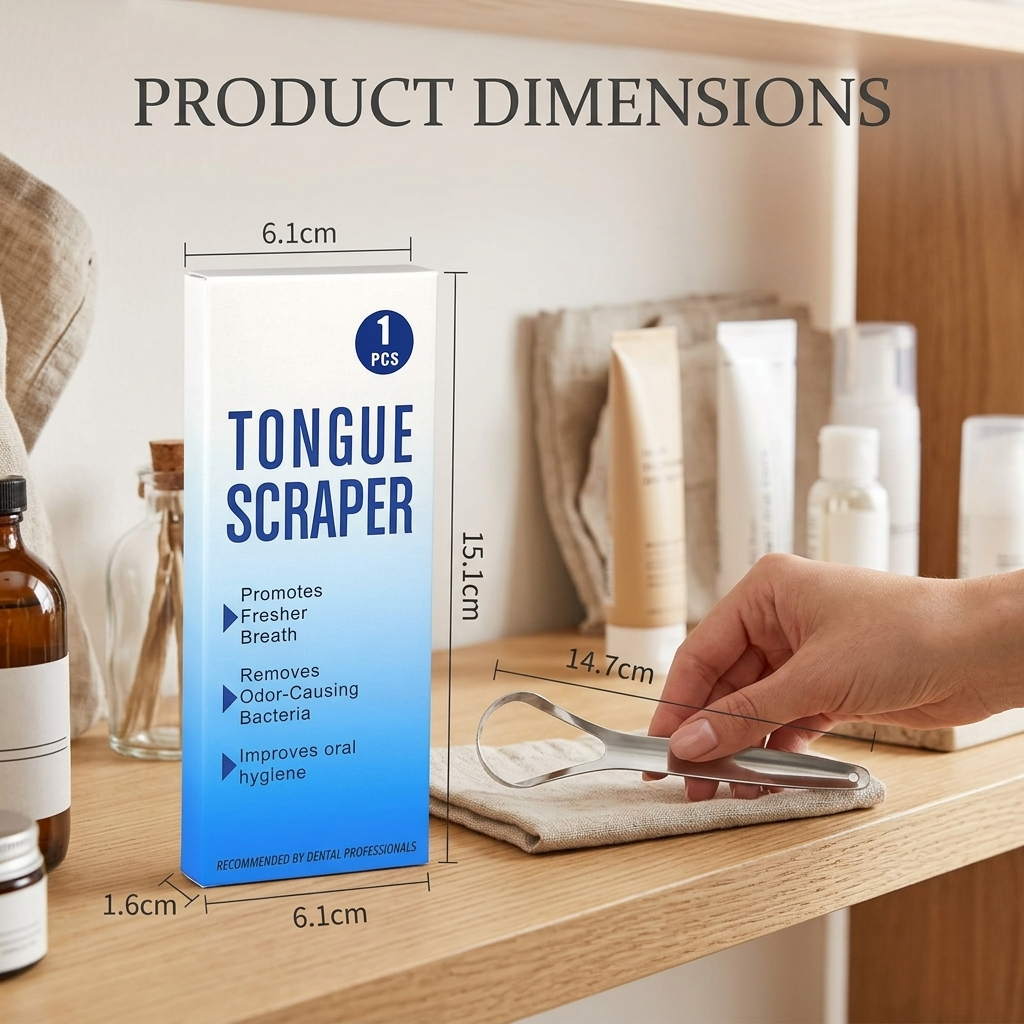 A professional product dimension image showing a stainless steel tongue scraper on a wooden shelf next to its retail box. The scraper is being held by a hand over a folded cloth. Key dimensions are marked: the scraper is 14.7cm long, and the box measures 15.1cm by 6.1cm by 1.6cm. The text on the box lists benefits like 'Promotes Fresher Breath' and 'Removes Odor-Causing Bacteria.'