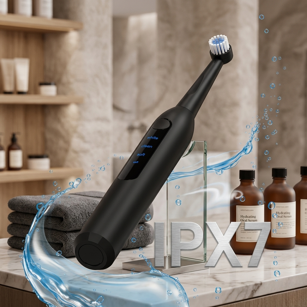 A sleek, professional matte black electric toothbrush with a matching black head and white bristles, displayed on a marble bathroom counter next to a glass of water and apothecary bottles, featuring a realistic water splash and "IPX7" waterproof rating text.