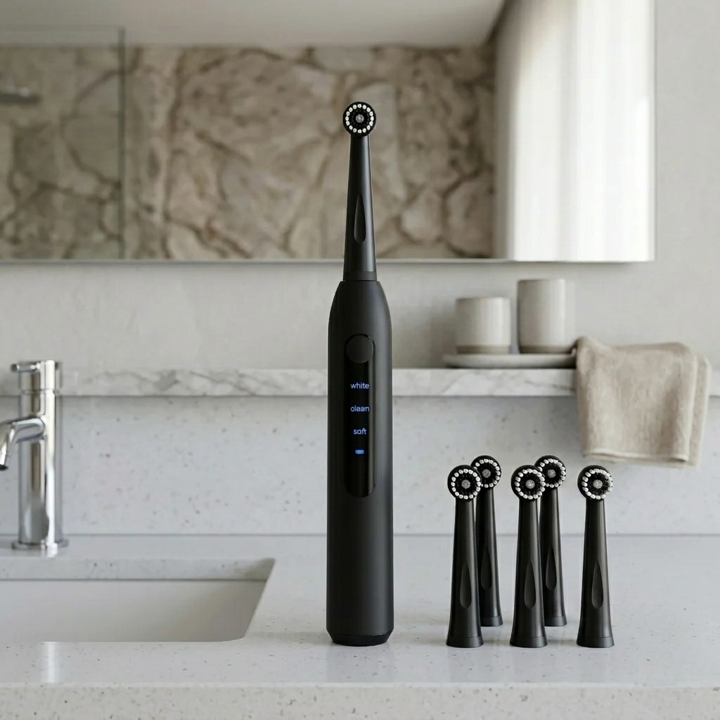 Black electric toothbrush with multiple heads on a bathroom counter