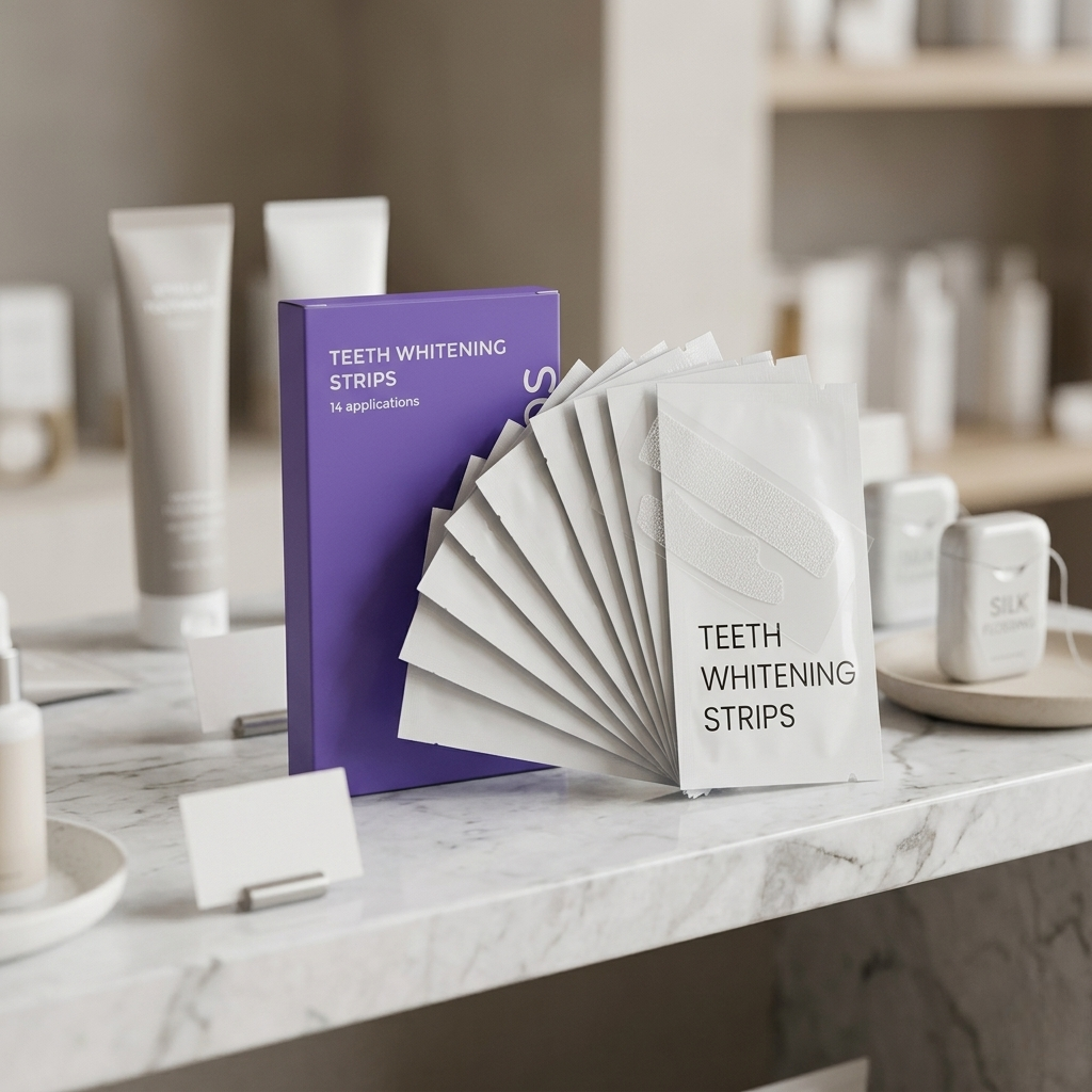 A close-up view of the luxury PAP+ Teeth Whitening kit with 14 treatment pouches showcased in a modern, professional dental boutique. The image highlights the clean branding and marble countertop.