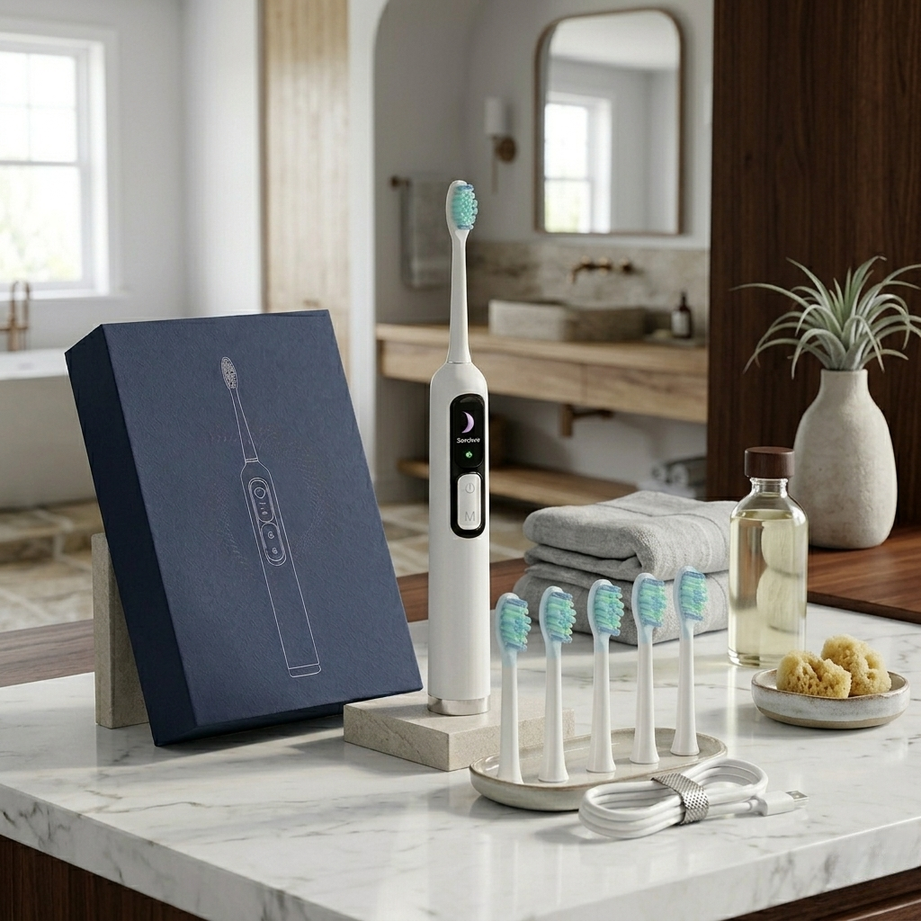 Electric toothbrush with multiple heads on a bathroom counter