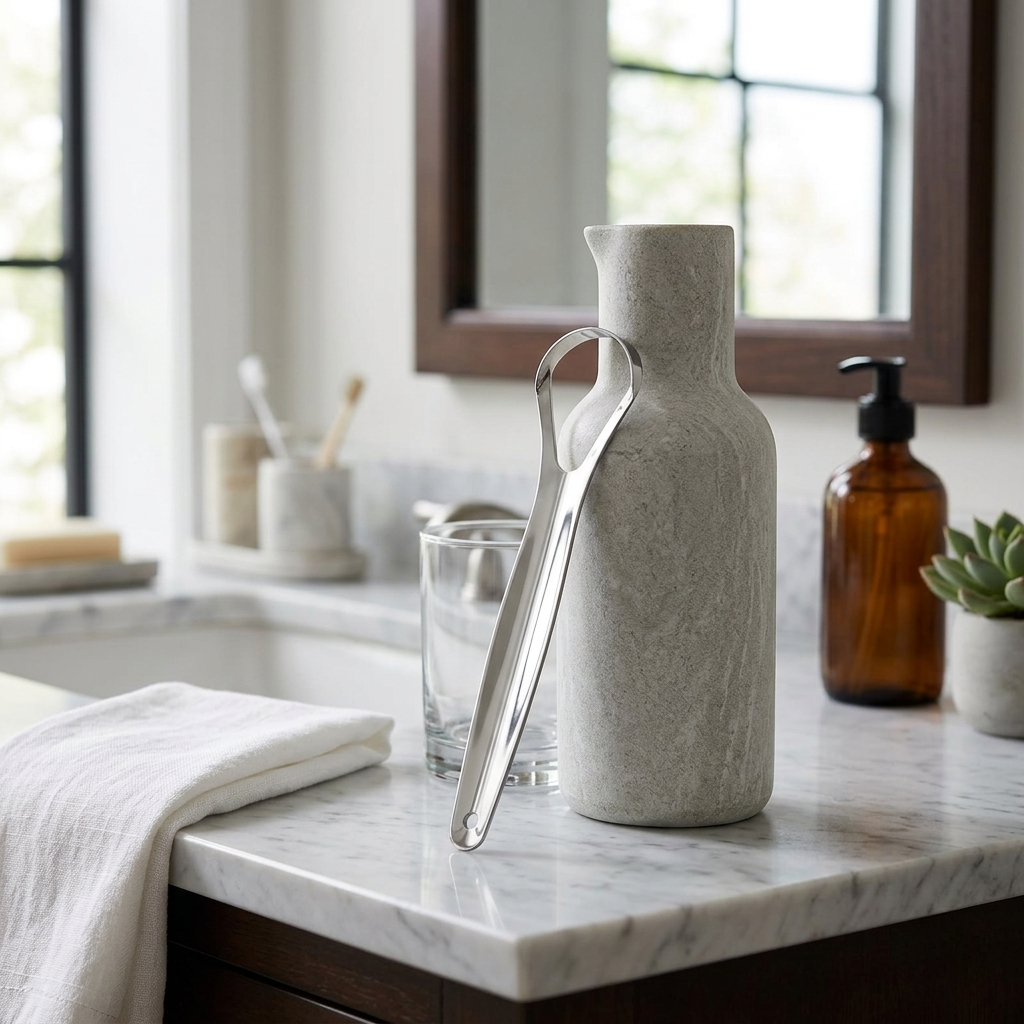 A close-up lifestyle shot of a high-quality stainless steel tongue scraper resting against a grey textured stone bottle on a white marble bathroom countertop.