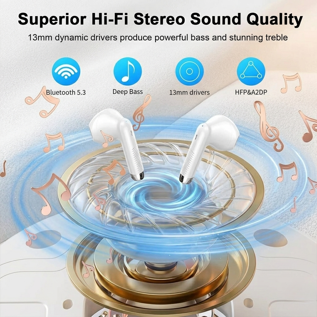 White wireless earbuds with sound wave graphic and text about sound quality on a light background