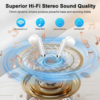 White wireless earbuds with sound wave graphic and text about sound quality on a light background