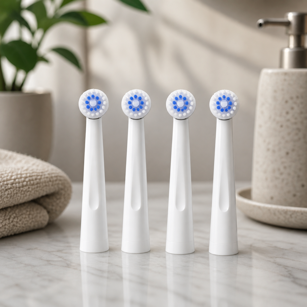 Four white electric toothbrush replacement brush heads with blue bristles arranged on a marble bathroom counter, with a soft towel, plant, and soap dispenser in a clean, natural setting.